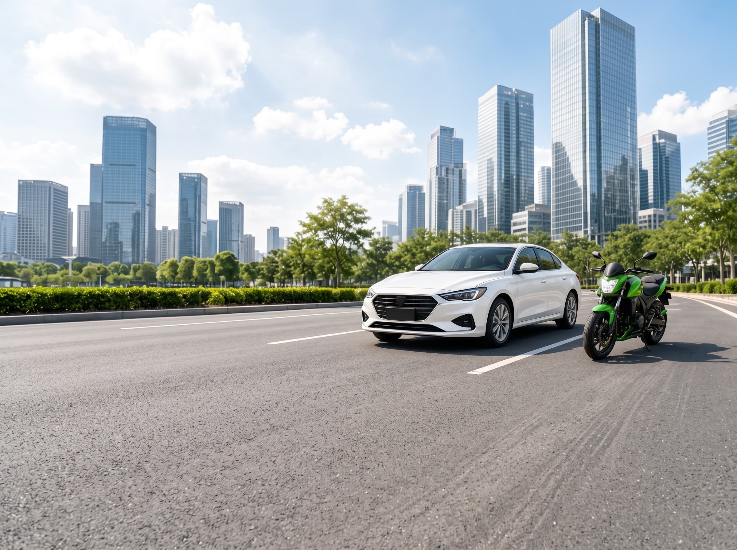 A car and a motorcycle parked on a city street with a skyline in the background